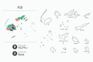 Map of Fiji with detailed country map. Map elements of cities, total areas and capital. vector