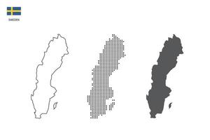 3 versiones del vector de la ciudad del mapa de Suecia por estilo de simplicidad de contorno negro delgado, estilo de punto negro y estilo de sombra oscura. todo en el fondo blanco.