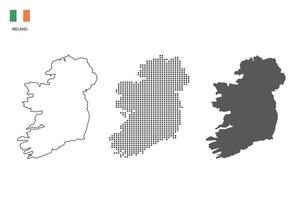 3 versions of Ireland map city vector by thin black outline simplicity style, Black dot style and Dark shadow style. All in the white background.