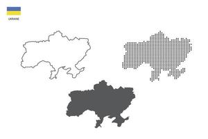 3 versions of Ukraine map city vector by thin black outline simplicity style, Black dot style and Dark shadow style. All in the white background.