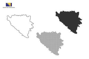 3 versiones del vector de la ciudad del mapa de bosnia y herzegovina por estilo de simplicidad de contorno negro delgado, estilo de punto negro y estilo de sombra oscura. todo en el fondo blanco.