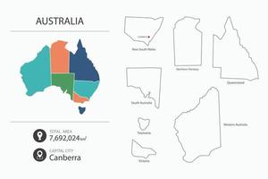 mapa de australia con un mapa detallado del país. elementos del mapa de ciudades, áreas totales y capital. vector