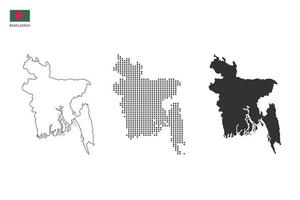 3 versions of Bangladesh map city vector by thin black outline simplicity style, Black dot style and Dark shadow style. All in the white background.