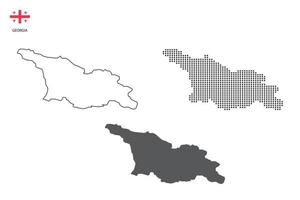 3 versiones del vector de la ciudad del mapa de georgia por estilo de simplicidad de contorno negro delgado, estilo de punto negro y estilo de sombra oscura. todo en el fondo blanco.