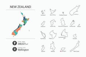 Map of New Zealand with detailed country map. Map elements of cities, total areas and capital. vector