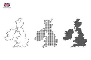 3 versiones del vector de la ciudad del mapa del Reino Unido por estilo de simplicidad de contorno negro delgado, estilo de punto negro y estilo de sombra oscura. todo en el fondo blanco.