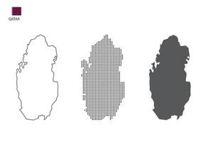 3 versiones del vector de la ciudad del mapa de qatar por estilo de simplicidad de contorno negro delgado, estilo de punto negro y estilo de sombra oscura. todo en el fondo blanco.