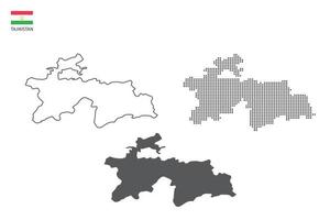 3 versiones del vector de la ciudad del mapa de tayikistán por estilo de simplicidad de contorno negro delgado, estilo de punto negro y estilo de sombra oscura. todo en el fondo blanco.