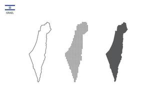 3 versiones del vector de la ciudad del mapa de israel por estilo de simplicidad de contorno negro delgado, estilo de punto negro y estilo de sombra oscura. todo en el fondo blanco.