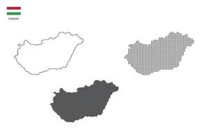 3 versiones del vector de la ciudad del mapa de Hungría por estilo de simplicidad de contorno negro delgado, estilo de punto negro y estilo de sombra oscura. todo en el fondo blanco.