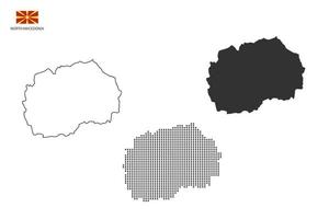 3 versiones del vector de la ciudad del mapa de macedonia del norte por estilo de simplicidad de contorno negro delgado, estilo de punto negro y estilo de sombra oscura. todo en el fondo blanco.