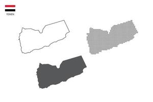 3 versiones del vector de la ciudad del mapa de Yemen por estilo de simplicidad de contorno negro delgado, estilo de punto negro y estilo de sombra oscura. todo en el fondo blanco.