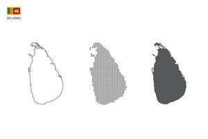 3 versiones del vector de la ciudad del mapa de sri lanka por estilo de simplicidad de contorno negro delgado, estilo de punto negro y estilo de sombra oscura. todo en el fondo blanco.