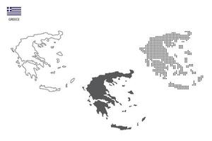 3 versiones del vector de la ciudad del mapa de Grecia por estilo de simplicidad de contorno negro delgado, estilo de punto negro y estilo de sombra oscura. todo en el fondo blanco.