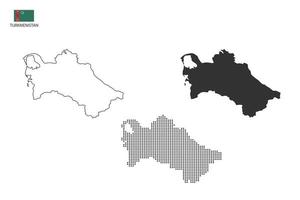 3 versiones del vector de la ciudad del mapa de turkmenistán por estilo de simplicidad de contorno negro delgado, estilo de punto negro y estilo de sombra oscura. todo en el fondo blanco.