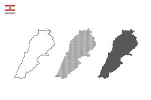 3 versiones del vector de la ciudad del mapa de Líbano por estilo de simplicidad de contorno negro delgado, estilo de punto negro y estilo de sombra oscura. todo en el fondo blanco.