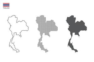 3 versiones del vector de la ciudad del mapa de Tailandia por estilo de simplicidad de contorno negro delgado, estilo de punto negro y estilo de sombra oscura. todo en el fondo blanco.