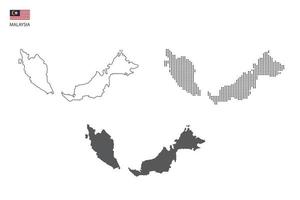 3 versiones del vector de la ciudad del mapa de malasia por estilo de simplicidad de contorno negro delgado, estilo de punto negro y estilo de sombra oscura. todo en el fondo blanco.