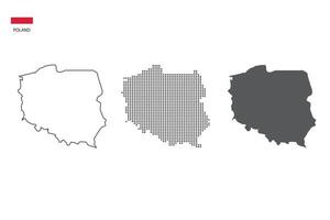 3 versiones del vector de la ciudad del mapa de Polonia por estilo de simplicidad de contorno negro delgado, estilo de punto negro y estilo de sombra oscura. todo en el fondo blanco.