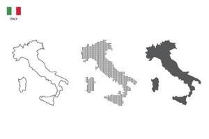 3 versiones del vector de la ciudad del mapa de Italia por estilo de simplicidad de contorno negro delgado, estilo de punto negro y estilo de sombra oscura. todo en el fondo blanco.