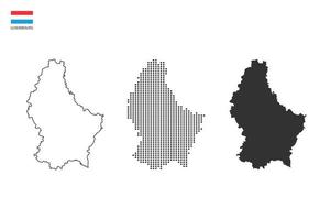 3 versiones del vector de la ciudad del mapa de luxemburgo por estilo de simplicidad de contorno negro delgado, estilo de punto negro y estilo de sombra oscura. todo en el fondo blanco.