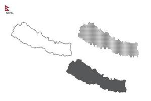 3 versiones del vector de la ciudad del mapa de nepal por estilo de simplicidad de contorno negro delgado, estilo de punto negro y estilo de sombra oscura. todo en el fondo blanco.