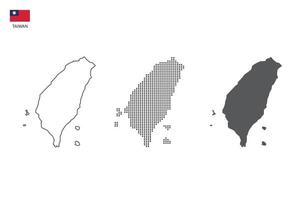 3 versiones del vector de la ciudad del mapa de taiwán por estilo de simplicidad de contorno negro delgado, estilo de punto negro y estilo de sombra oscura. todo en el fondo blanco.