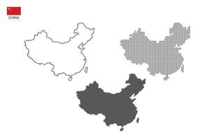 3 versiones del vector de la ciudad del mapa de china por estilo de simplicidad de contorno negro delgado, estilo de punto negro y estilo de sombra oscura. todo en el fondo blanco.