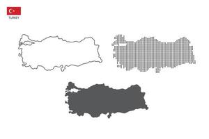 3 versiones del vector de la ciudad del mapa de Turquía por estilo de simplicidad de contorno negro delgado, estilo de punto negro y estilo de sombra oscura. todo en el fondo blanco.