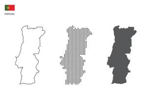 3 versiones del vector de la ciudad del mapa de portugal por estilo de simplicidad de contorno negro delgado, estilo de punto negro y estilo de sombra oscura. todo en el fondo blanco.