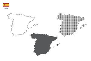 3 versiones del vector de la ciudad del mapa de españa por estilo de simplicidad de contorno negro delgado, estilo de punto negro y estilo de sombra oscura. todo en el fondo blanco.