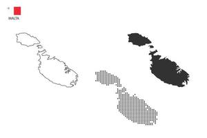 3 versiones del vector de la ciudad del mapa de malta por estilo de simplicidad de contorno negro delgado, estilo de punto negro y estilo de sombra oscura. todo en el fondo blanco.