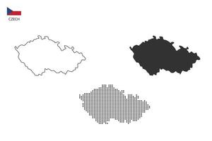 3 versiones del vector de la ciudad del mapa checo por estilo de simplicidad de contorno negro delgado, estilo de punto negro y estilo de sombra oscura. todo en el fondo blanco.