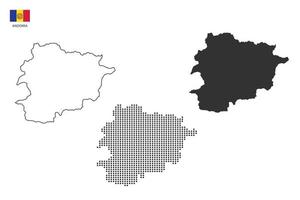 3 versiones del vector de la ciudad del mapa de andorra por estilo de simplicidad de contorno negro delgado, estilo de punto negro y estilo de sombra oscura. todo en el fondo blanco.