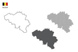 3 versiones del vector de la ciudad del mapa de Bélgica por estilo de simplicidad de contorno negro delgado, estilo de punto negro y estilo de sombra oscura. todo en el fondo blanco.