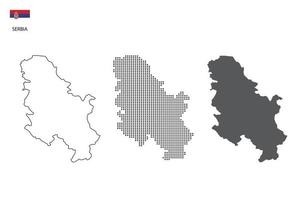 3 versiones del vector de la ciudad del mapa de serbia por estilo de simplicidad de contorno negro delgado, estilo de punto negro y estilo de sombra oscura. todo en el fondo blanco.