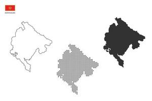 3 versiones del vector de ciudad de mapa de montenegro por estilo de simplicidad de contorno negro delgado, estilo de punto negro y estilo de sombra oscura. todo en el fondo blanco.