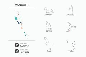 Map of Vanuatu with detailed country map. Map elements of cities, total areas and capital. vector