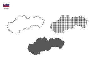 3 versiones del vector de la ciudad del mapa de eslovaquia por estilo de simplicidad de contorno negro delgado, estilo de punto negro y estilo de sombra oscura. todo en el fondo blanco.