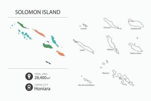 Map of Solomon Island with detailed country map. Map elements of cities, total areas and capital. vector