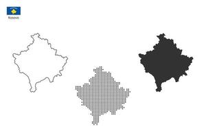 3 versiones del vector de la ciudad del mapa de kosovo por estilo de simplicidad de contorno negro delgado, estilo de punto negro y estilo de sombra oscura. todo en el fondo blanco.