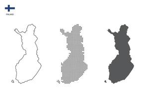 3 versiones del vector de la ciudad del mapa de Finlandia por estilo de simplicidad de contorno negro delgado, estilo de punto negro y estilo de sombra oscura. todo en el fondo blanco.