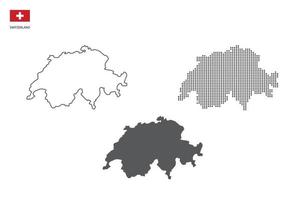 3 versiones del vector de la ciudad del mapa de Suiza por estilo de simplicidad de contorno negro delgado, estilo de punto negro y estilo de sombra oscura. todo en el fondo blanco.