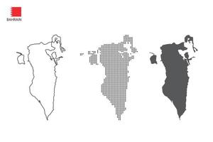 3 versiones del vector de la ciudad del mapa de bahrein por estilo de simplicidad de contorno negro delgado, estilo de punto negro y estilo de sombra oscura. todo en el fondo blanco.