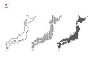 3 versiones del vector de la ciudad del mapa de Japón por estilo de simplicidad de contorno negro delgado, estilo de punto negro y estilo de sombra oscura. todo en el fondo blanco.