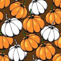 Hand-drawn vector seamless pattern. Orange, white pumpkins on a brown background. For prints of fabric, kitchen textile products, tablecloth,  curtain. Autumn seasonal design.