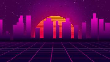 Beautiful Retro Background Animation With Sun. Sun And Star Moving Retro Animation High Tech Background, Sci-fi Retro Land With Glowing Sun 80's Landscape Loop Animation Bg video