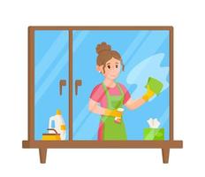 Spend your weekends with benefit. Housewife washing dust from the window in the house. vector