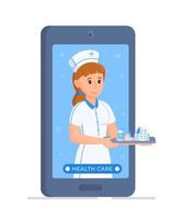 una enfermera en la pantalla de un teléfono. comunicación con una enfermera. vector