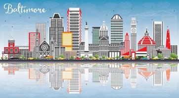 Baltimore Skyline with Gray Buildings, Blue Sky and Reflections. vector